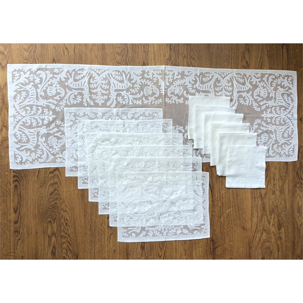 Antique Hungarian Buzsak Stag in the Woods Applique Lace Linen Runner + Set